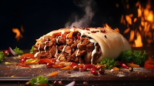  Dive into the culinary experience of a flavorful grilled beef Turkish or chicken Arabic shawarma doner sandwich, with flying ingredients and aromatic spices, showcased in a vibrant HD image ideal for