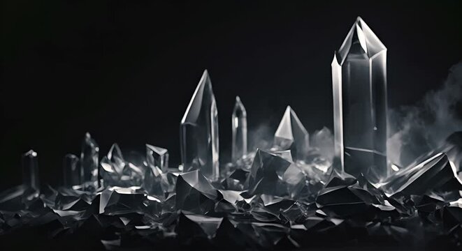 Minimalist 3D art of geometric ice formations in dark tones,