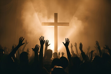 Christian worshipers raising hands up in the air in front of the cross