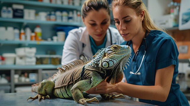 Veterinary Technician Assisting Doctor in Exotic Reptile Examination at Specialized Animal Clinic