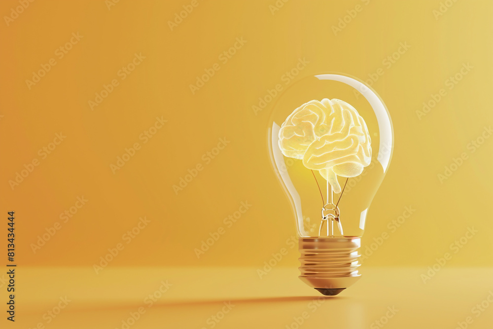 Poster a conceptual 3d light bulb with a visible brain structure inside, casting a soft shadow on a pastel 