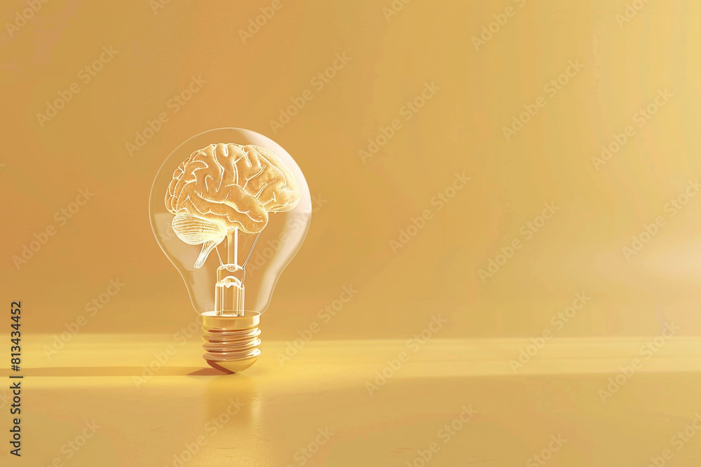 Poster a conceptual 3d light bulb with a visible brain structure inside, casting a soft shadow on a pastel 