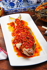 Chop bell pepper fish, Steamed fourfinger threadfin fish with chilli pepper 