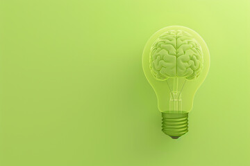 A conceptual 3D render of a light bulb with a brain inside, glowing subtly on a pastel lime green background, denoting eco-friendly innovation