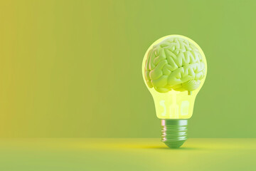 A conceptual 3D render of a light bulb with a brain inside, glowing subtly on a pastel lime green background, denoting eco-friendly innovation 