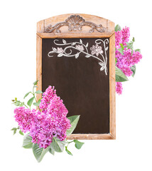 Advertising billboard in retro style with chalkboard and branch of Lilac with flowers of purple color. Cafe menu or pointer board and twig of Common Lilac. Isolated on white background