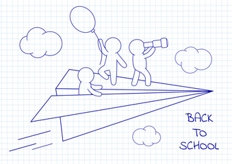 Back to school. Three little people on a flying paper plane. Travel and exploration. Hand drawn sketch on notebook page. Education, freedom and creativity concept. Vector illustration EPS8