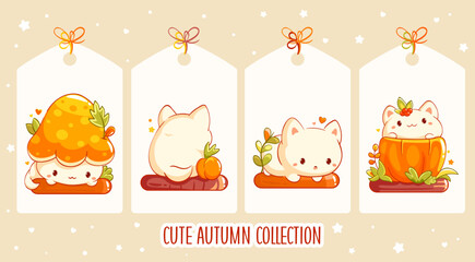 Calm autumn season. Set of cute tag in retro style with little kitty. Collection of vintage label with tiny baby cat and autumn leaves. Vector illustration EPS8