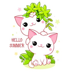 Cute season card in kawaii style. Two lovely little cats with green leaves. Inscription Hello summer. Can be used for t-shirt print, stickers, greeting card design. Vector illustration EPS8