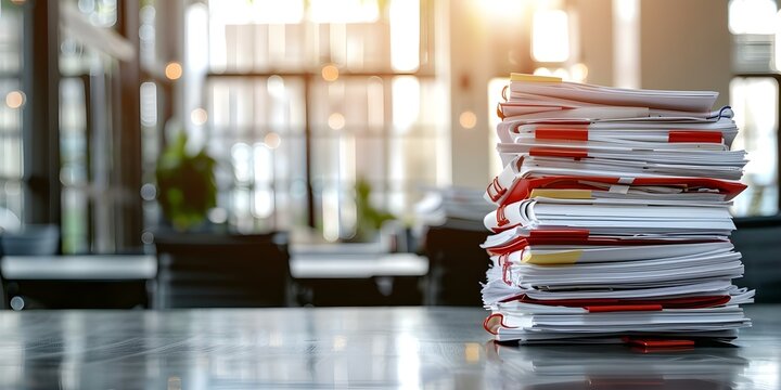 Pile of documents on a modern office desk waiting to be completed. Concept Office Clutter, Workplace Stress, Deadline Pressure, Organizational Skills, Productivity Tips
