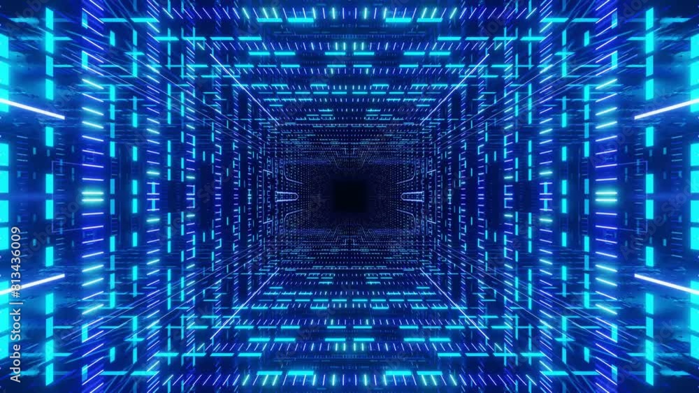 Poster 4k seamless looped animation. fly through mirror symmetrical tunnel with neon pattern, sci fi glow p