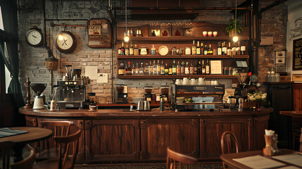 Interior design of cafe with wooden vintage style, decorated with warm and cozy tones, relaxing tones with classic old wood round corner counter and coffee machinery