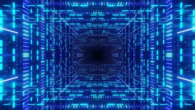 4k seamless looped animation. Fly through mirror symmetrical tunnel with neon pattern, sci fi glow pattern. Bright reflection neon light. Simple bright background, sci fi structure