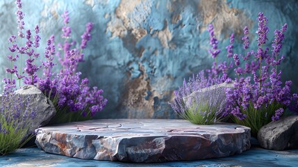 Lavender-inspired Stone Podium Mockup Display Adorned With Fresh Lavender Sprigs