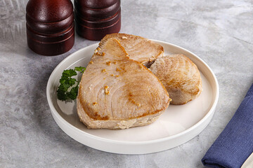 Roasted red tuna steak in the plate