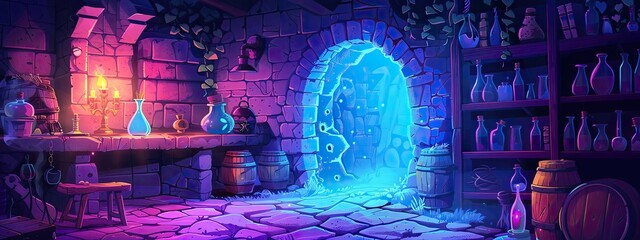 Alchemy room in a medieval castle Night lighting.