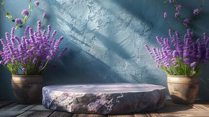 Lavender-inspired Stone Podium Mockup Display Adorned With Fresh Lavender Sprigs