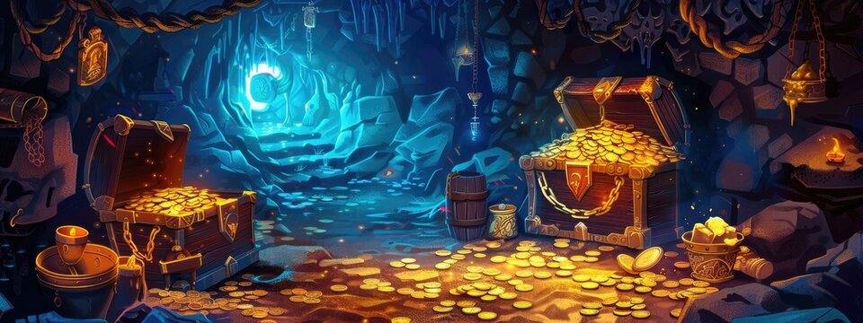 An dungeon cave with treasures, chests of gold coins, precious stones, and gold cups.