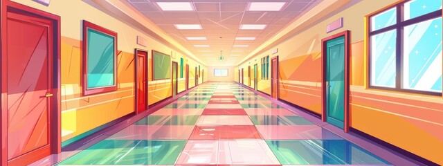 Cartoon interior of empty modern school corridor.
