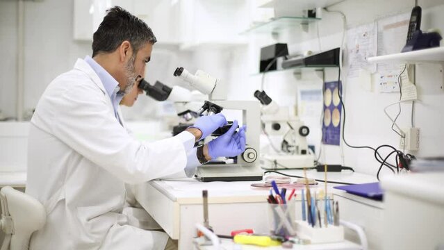 Middle-aged man working in a laboratory with a female colleague using a microscope