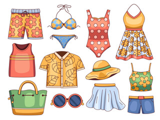 Illustration cartoon of a variety of men's and women's summer fashion clothes and accessories, including shorts, bikinis, undershirts, swimsuits, summer dresses, sunglasses, etc. 