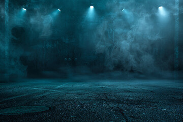 Obraz premium A dark empty street, dark blue background, an empty dark scene, neon light, spotlights The asphalt floor and studio room with smoke float up the interior texture night view 