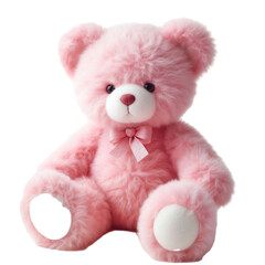 a fur plush stuffed pink teddy bear, white background PNG