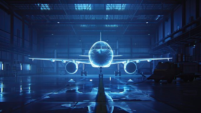 Abstract wireframe of airliner in the hangar on the dark blue background.