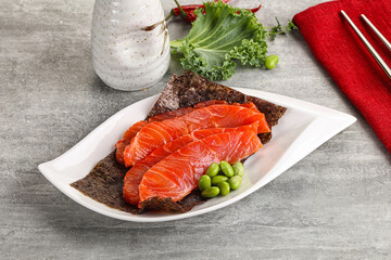 Sliced salmon sashimi in the plate