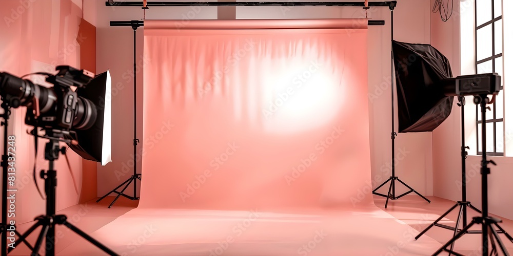 Poster creating a delicate and gentle frame in a photography studio with soft pink backdrop. concept photog