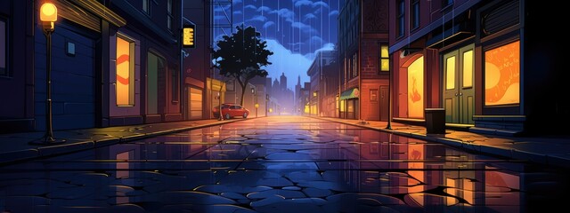 Rain street in the night in anime style. Cartoon illustration.