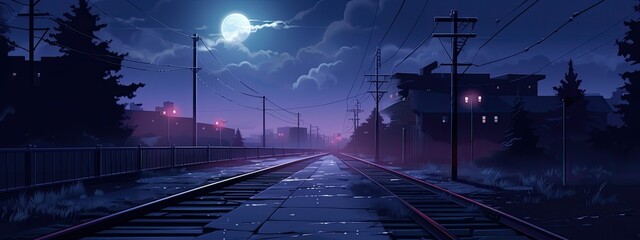 Train station in the night in anime style. Cartoon illustration - Powered by Adobe