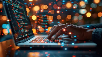 A person is using a laptop in front of a blurred background of a city at night.