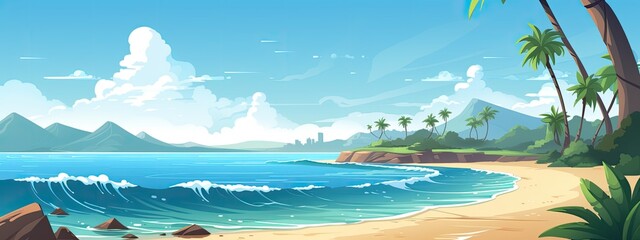 Seaside landscape of tropical summer beach. Cartoon illustration