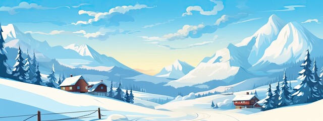 Ski resort with snowy hill and and small cozy houses. Cartoon landscape.