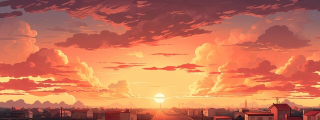 Sunset or sunrise in the town in anime style. Cartoon illustration.