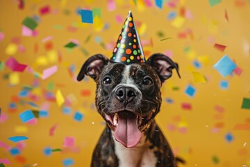 A dog wearing a party hat in front of confetti.