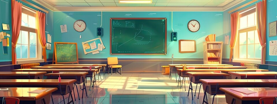 School classroom interior with with view on blackboard and school desks with chairs.