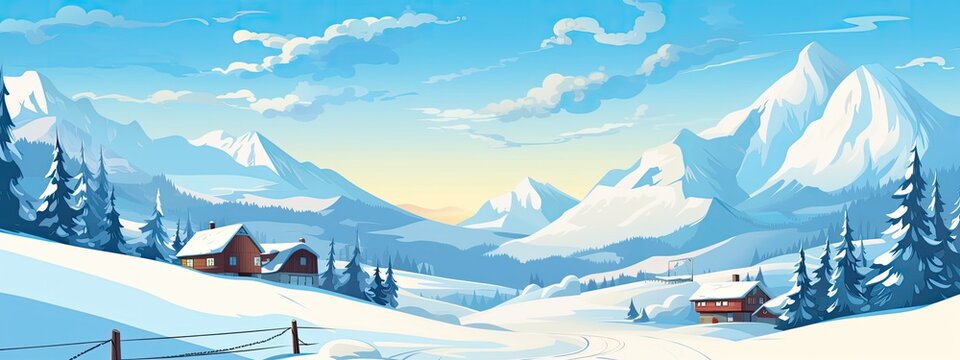 Fototapeta Ski resort with snowy hill and and small cozy houses. Cartoon landscape.