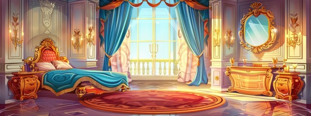 The interior of the royal bedroom with a large bed in the medieval castle. Cartoon illustration.