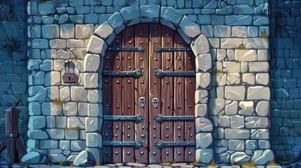 The wall of a medieval castle made of stone bricks with wooden arched heavy doors with iron bolts. Entrance from the castle.