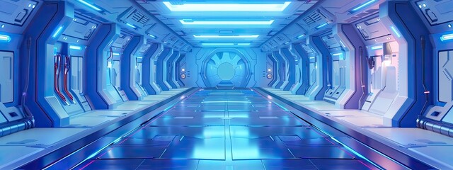 The interior of a long corridor in blue and white tones in a futuristic spaceship.