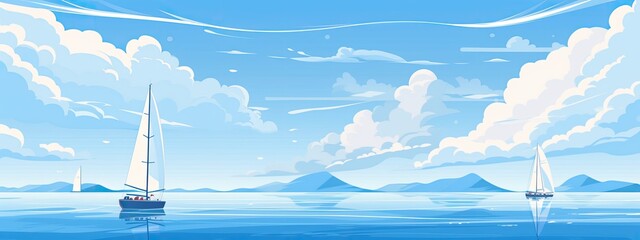 Cartoon landscape with blue sea and yachts.