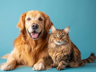 A dog and cat sitting next to each other on a blue background.
