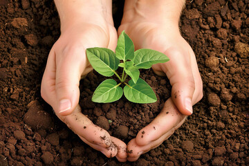 hands planting a young seedling in soil, representing growth, sustainability, and environmental care
