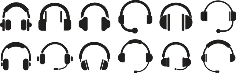 Headphones music speakers icons Set. Headphones earphone icons black Filled styles for web site designs and mobile dark mode apps Vectors isolated on transparent background. Customer service support.