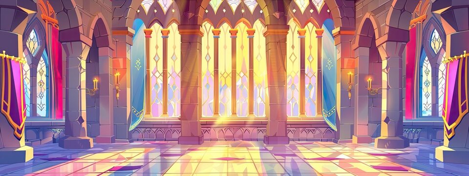 A ballroom in a medieval castle with stained glass windows, family flags and rich decor.