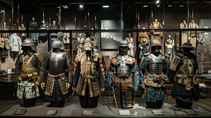 A collection of vintage military uniforms displayed in a well-lit museum exhibit, showcasing the evolution of military attire throughout history, from ancient armor to modern camouflage. - Powered by Adobe