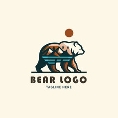 A simple and stylized logo featuring the silhouette of a bear head , forest, hill, and water minimalist logo