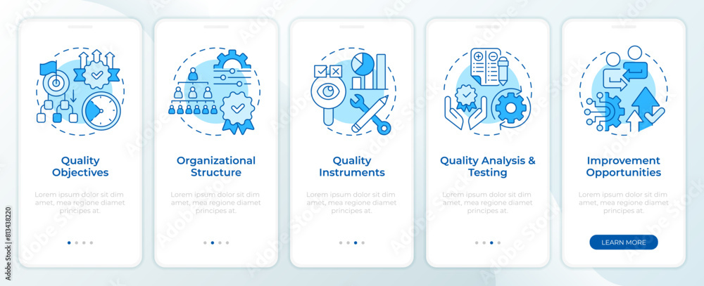 Wall mural qms structure blue onboarding mobile app screen. walkthrough 5 steps editable graphic instructions w